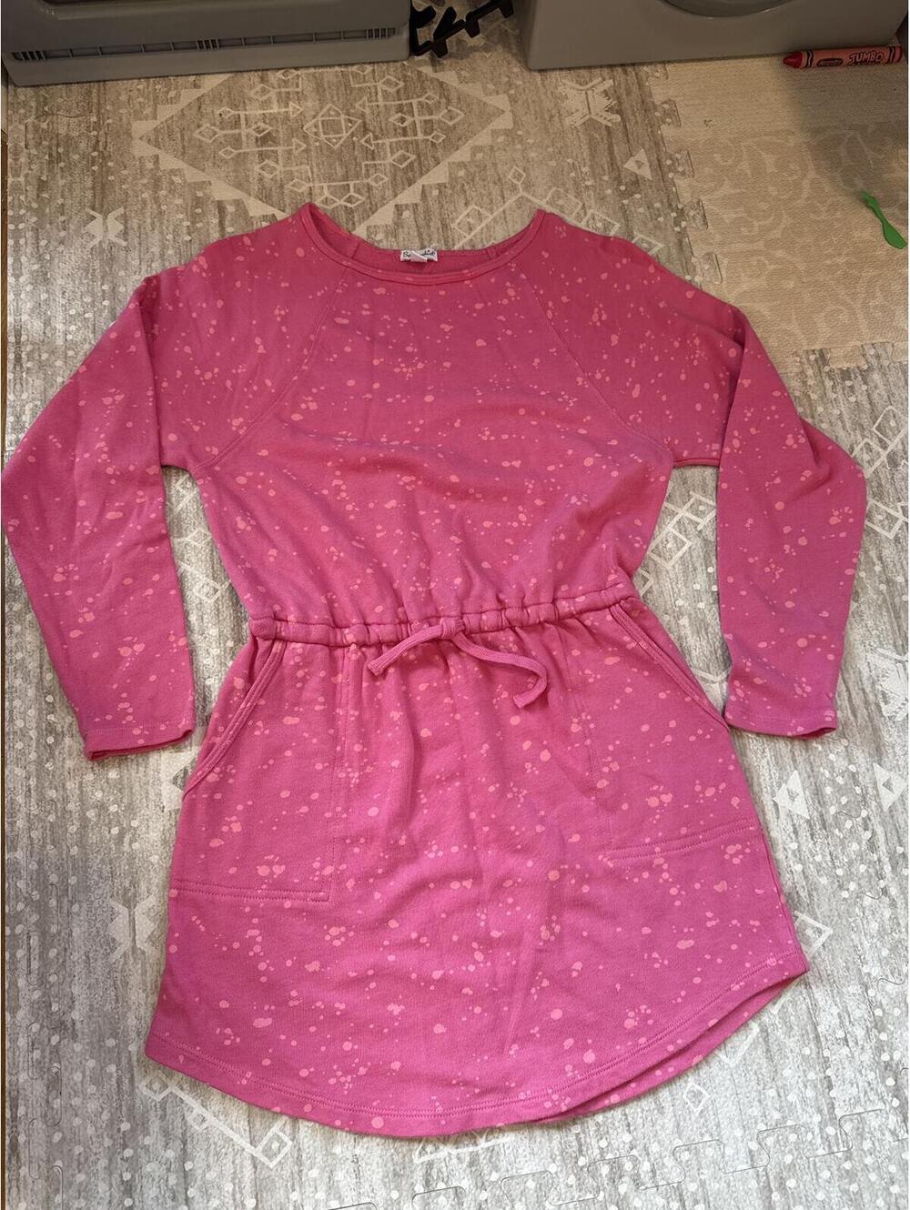 Splendid Pink Long Sleeve Dress with Drawstring Waist and Pockets